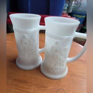 Set of 2 vintage milk glass beer steins